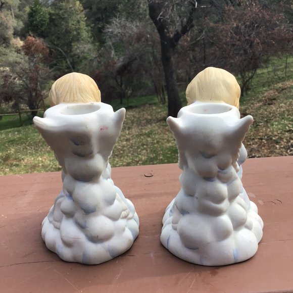 Praying Angels Vintage Taper Holders Matte Ceramic 5” - Picture 3 of 5